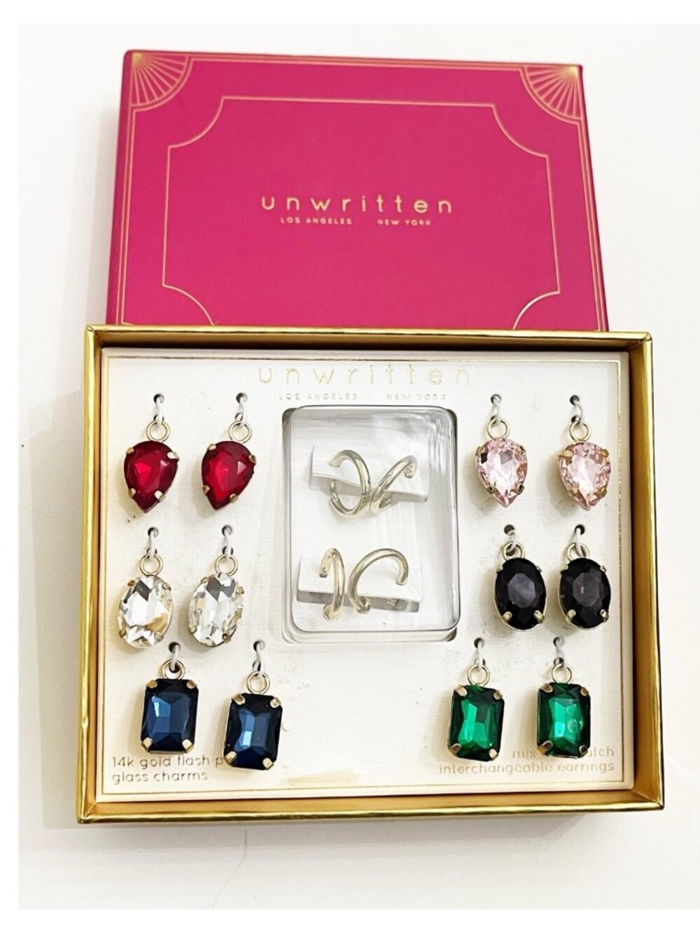Unwritten Interchangeable Earrings Set Glass Charms Gold Plated NIB Gift For Her